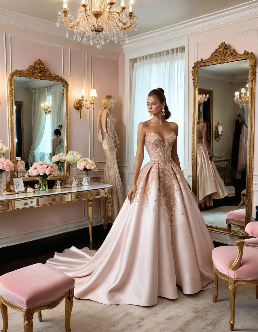 A luxurious dressing room adorned with sparkling chandeliers and elegant mirrors, showcasing a diverse array of glamorous outfits and accessories. In the foreground, a stylish figure gracefully tries on a stunning gown, surrounded by high-heeled shoes and vintage jewelry. Soft pastel colors blend with gold accents, creating an inviting atmosphere. The walls are adorned with framed fashion sketches and inspirational quotes about elegance. super-realistic. vibrant colors. opulent setting.
