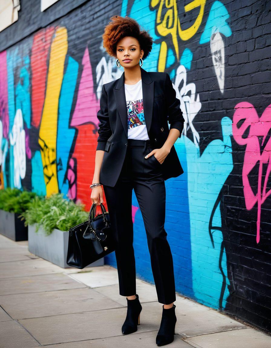 A stylish woman standing confidently in a modern urban environment, showcasing a mix of elegant and edgy clothing, with vibrant accessories that pop against a chic backdrop. Include elements like a graffiti wall and a rooftop garden, embodying an empowering urban vibe, while she’s striking a pose that exudes allure and confidence. super-realistic. vibrant colors. urban style.